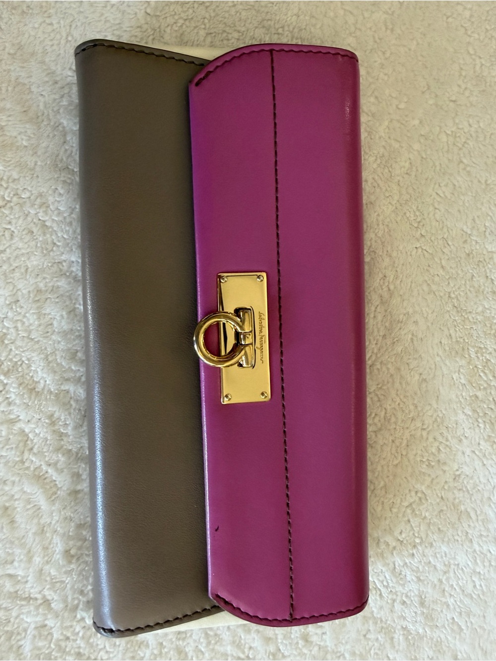Salvatore Ferragamo Two-Tone Leather Clutch - Fuchsia & Taupe